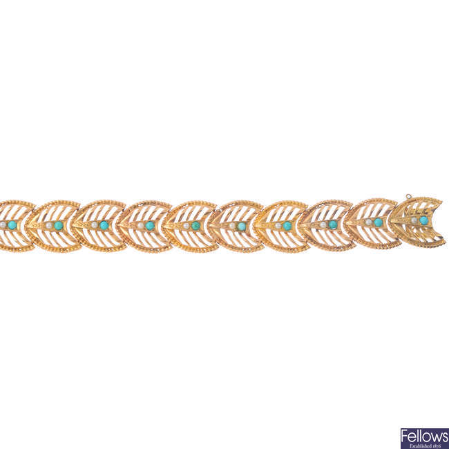 A 1960s 9ct gold turquoise and seed pearl bracelet.