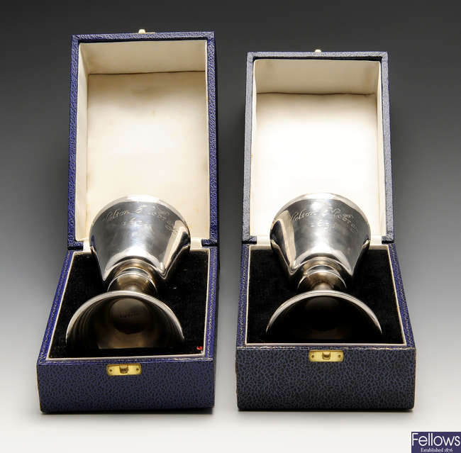 A modern pair of cased silver goblets by Albert Edward Jones.