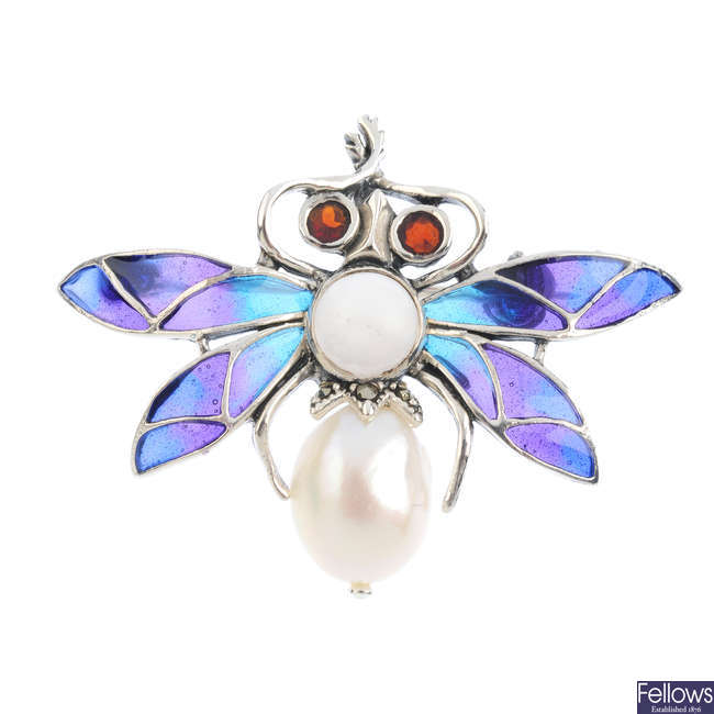 A gem-set and plique-a-jour enamel fly pendant.