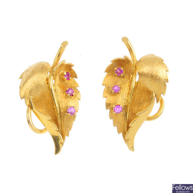 A pair of 1970s 18ct gold ruby clip earrings.