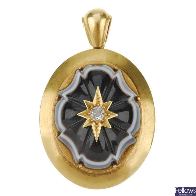 A late Victorian 18ct gold banded agate and diamond memorial pendant.