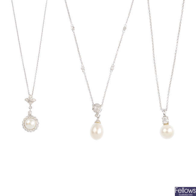 Four cultured pearl and diamond pendants, with 18ct gold chains.