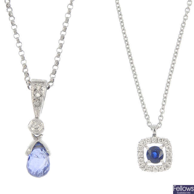 Two 9ct gold sapphire and diamond pendants, with chains.