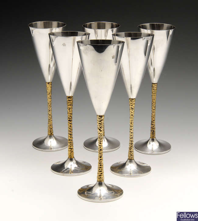 A series of six Stuart Devlin silver goblets.