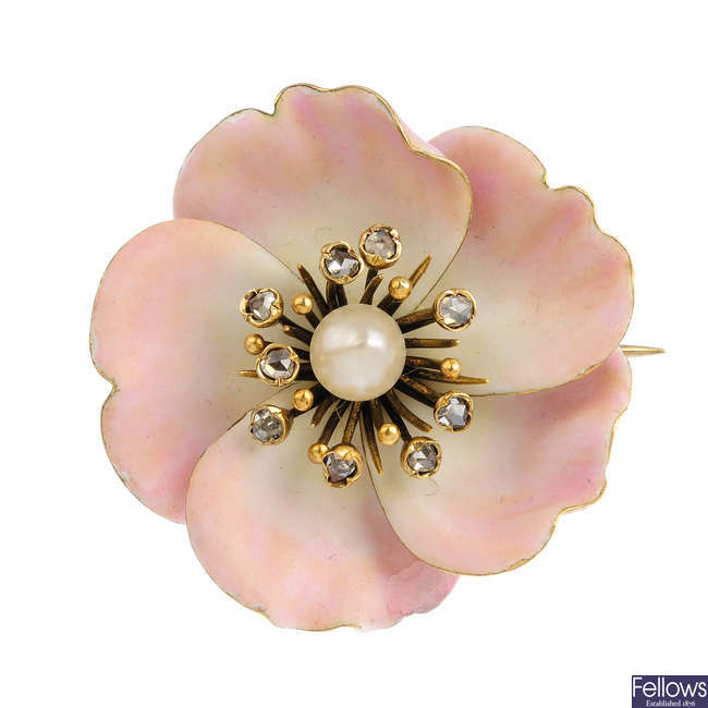 An early 20th century pearl, diamond and enamel floral brooch.