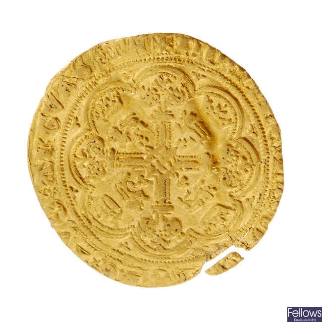 Edward III (1327-1377), Fourth coinage, Pre-Treaty Period (1351-1361), gold Half-Noble, i.m. Cross 3(4) (S.1494).