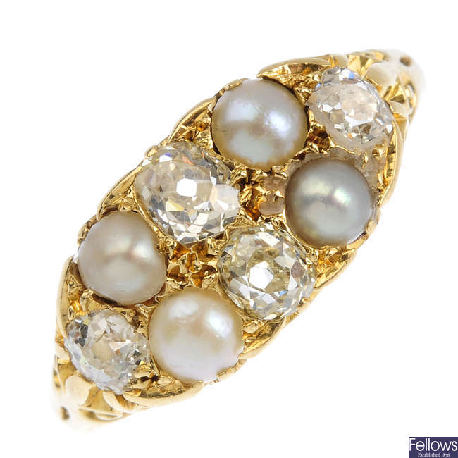 A late Victorian 18ct gold split pearl and diamond ring.