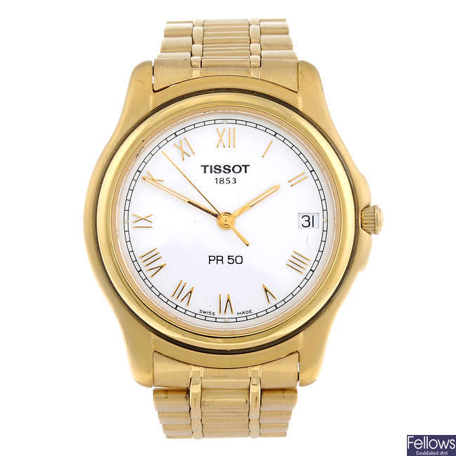 TISSOT - a gentleman's gold plated PR50 bracelet watch with two Tissot watches.