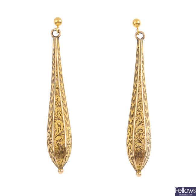 A pair of mid Victorian 15ct gold earrings.