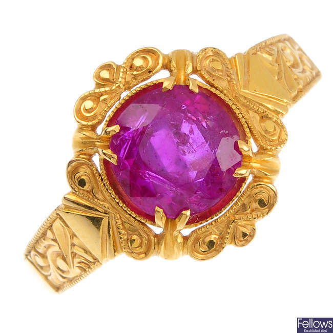 A mid 20th century gold, Burma sapphire single-stone ring.