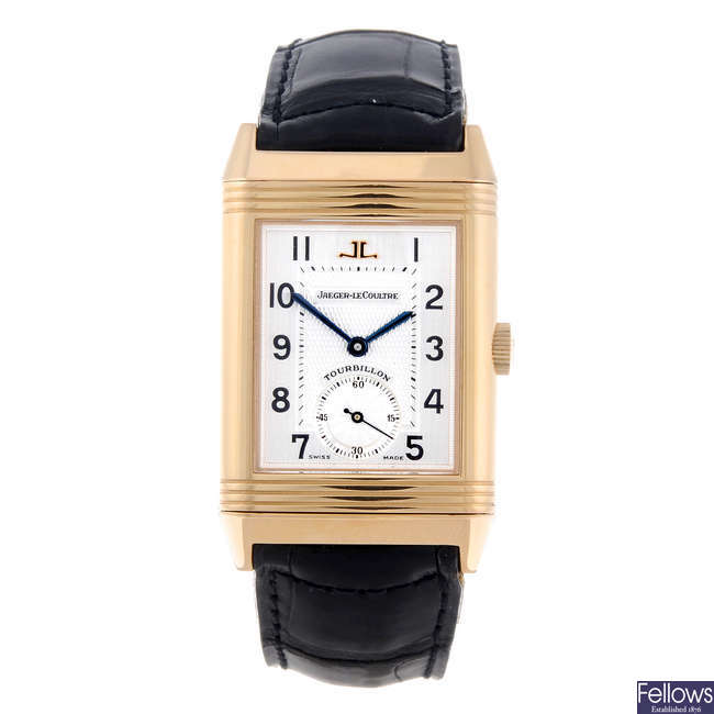 JAEGER-LECOULTRE - a limited edition gentleman's 18ct rose gold Reverso Tourbillon wrist watch.