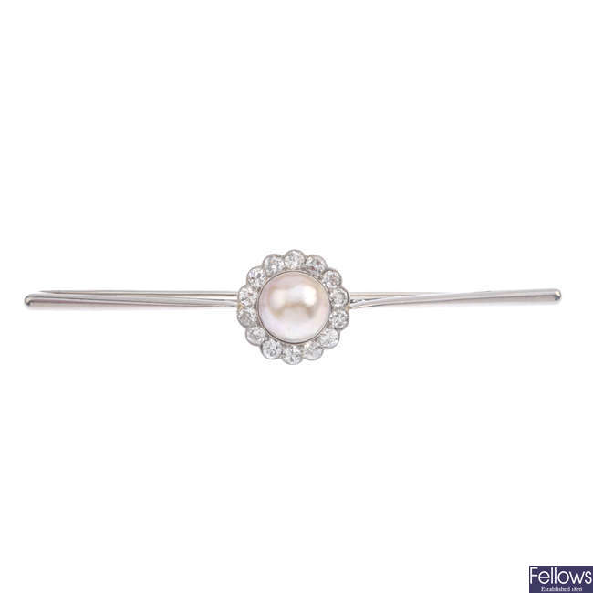 A diamond and cultured pearl bar brooch.