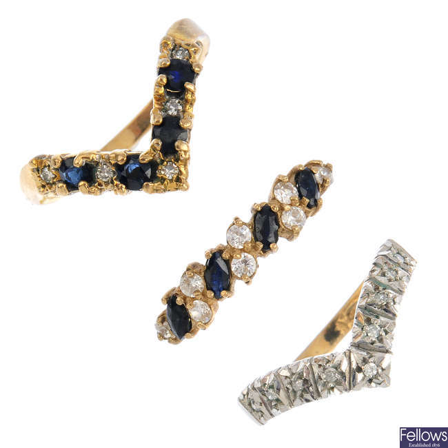 Three 9ct gold sapphire and gem-set rings.