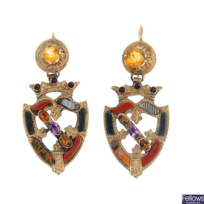 A pair of late Victorian gold Scottish agate earrings.