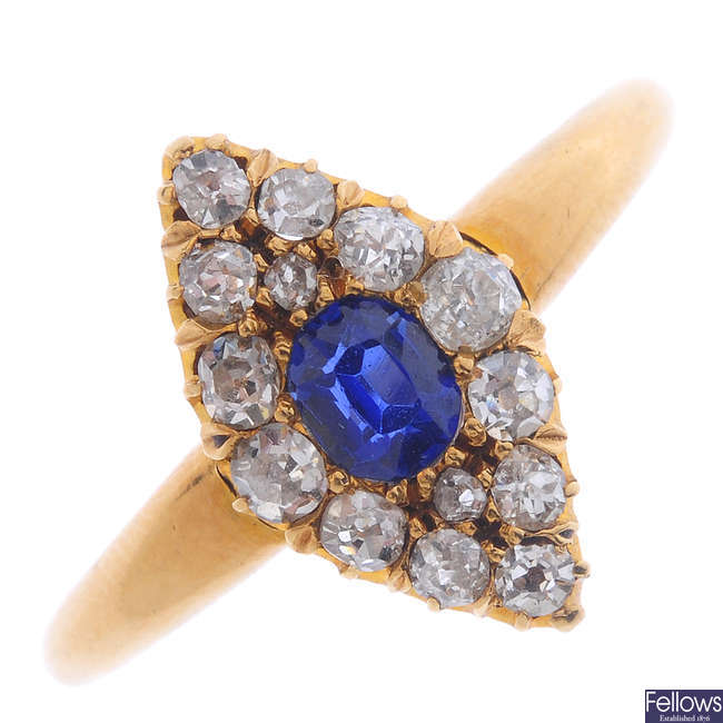 A late Victorian 18ct gold sapphire and diamond cluster ring.