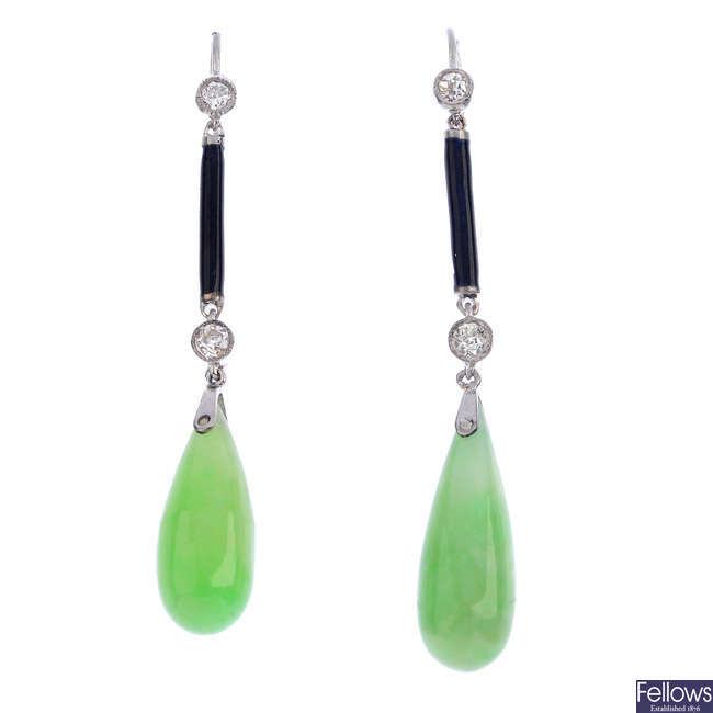 A pair of jade, diamond and enamel earrings.