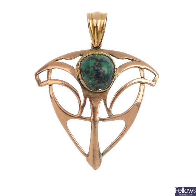 An Art Nouveau 9ct gold turquoise pendant.