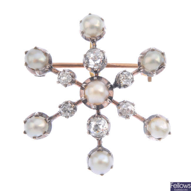 A diamond and split pearl star brooch.