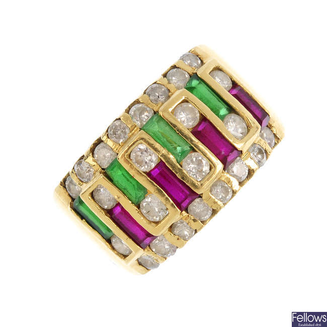 A diamond, synthetic emerald and ruby dress ring.