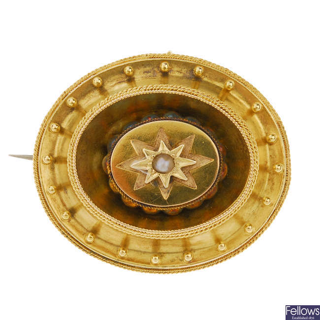 A late 19th century gold seed pearl memorial brooch.