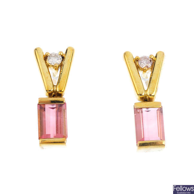 A pair of tourmaline and diamond earrings.