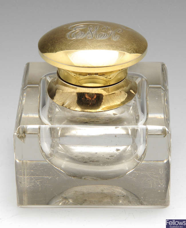 A George V silver-gilt mounted inkwell.