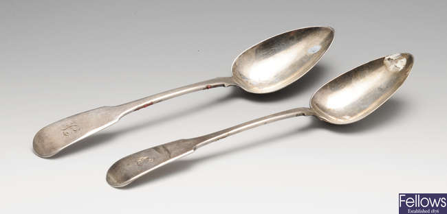 A George III Scottish silver serving spoon, a George IV Scottish silver serving spoon, etc.
