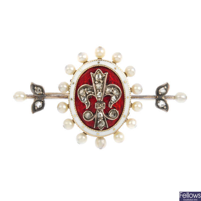 A late Victorian diamond, seed pearl and enamel bar brooch.