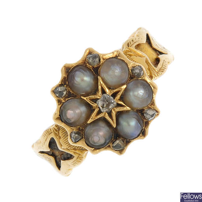 A mid Victorian 18ct gold diamond and split pearl memorial ring.