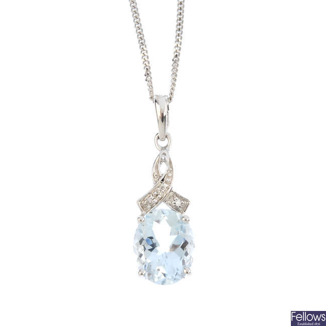 A 9ct gold aquamarine and diamond pendant, with chain.