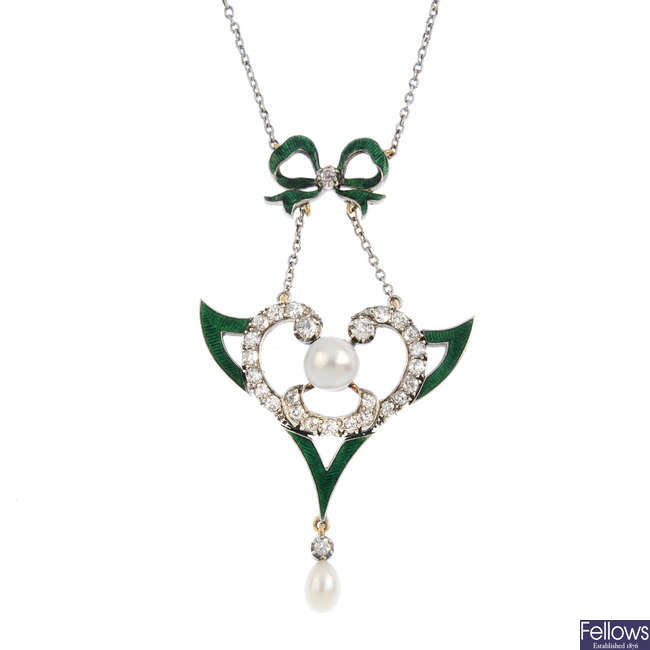 A late Victorian pearl, diamond and enamel pendant, on chain.