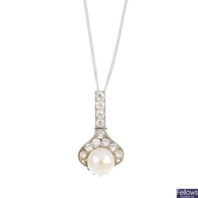 A split pearl and diamond pendant, with chain.