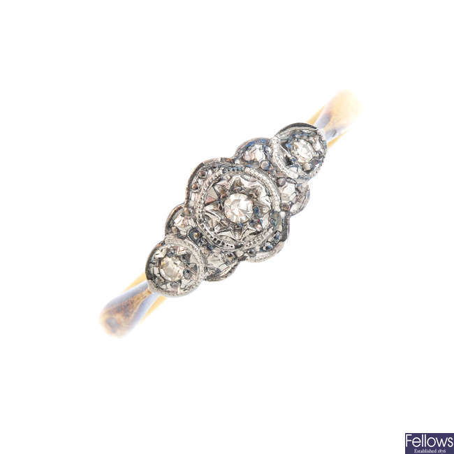 A mid 20th century 18ct gold and platinum diamond dress ring.