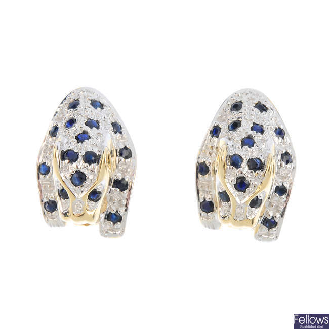 A pair of 9ct gold sapphire and diamond leopard earrings.