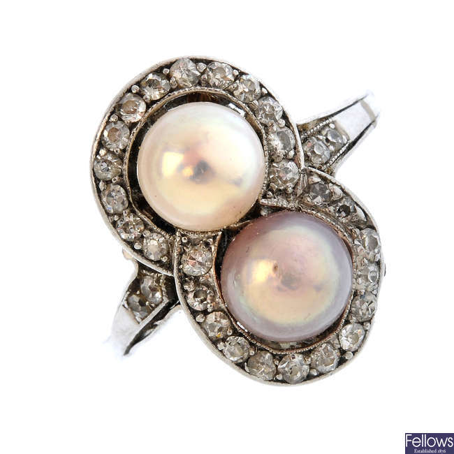 A mid 20th century 18ct gold cultured pearl and diamond ring.