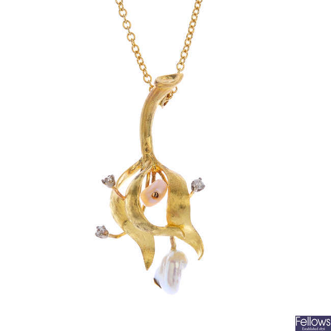 An 18ct gold cultured pearl and diamond pendant, on chain.