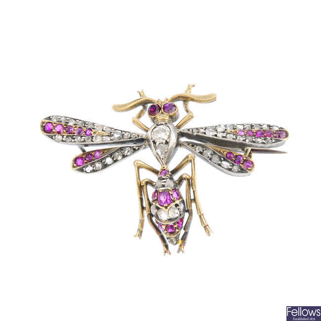 A late Victorian silver and gold, diamond and ruby wasp brooch.