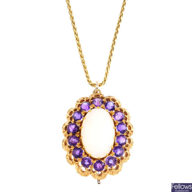 An opal and amethyst pendant, with chain.