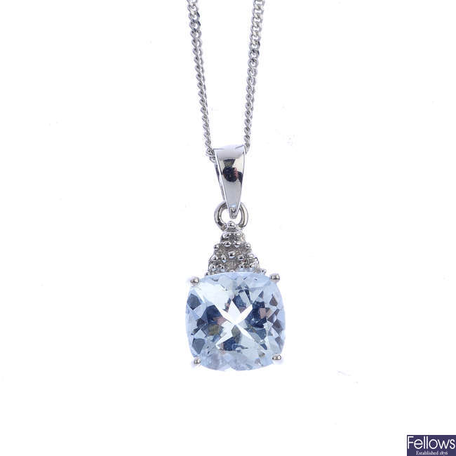 A 9ct gold aquamarine and diamond pendant, with 9ct gold chain.