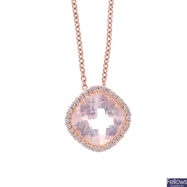 A morganite and diamond pendant, with 9ct gold chain.