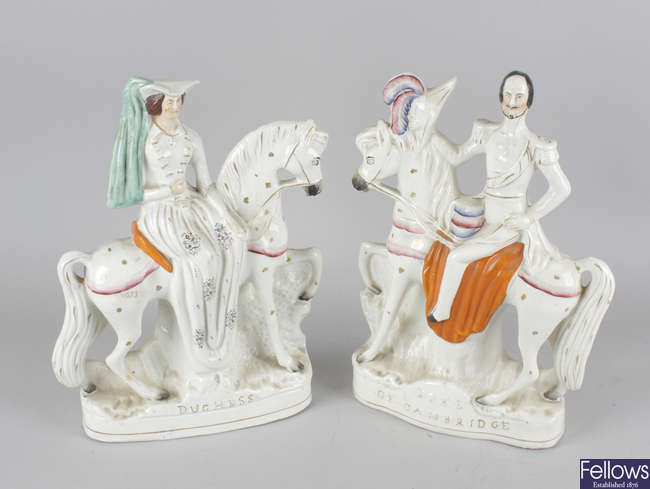 Two Victorian Staffordshire pottery equestrian figures of the Duke and Duchess of Cambridge