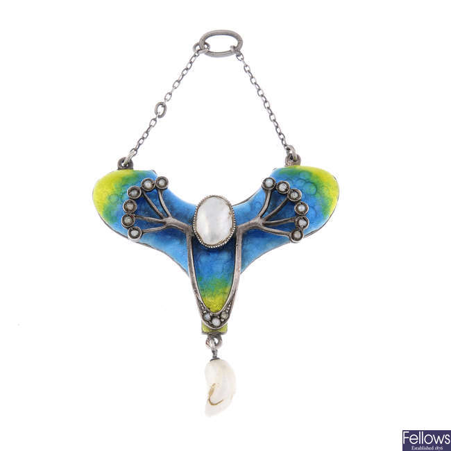 An early 20th century enamel and pearl pendant.