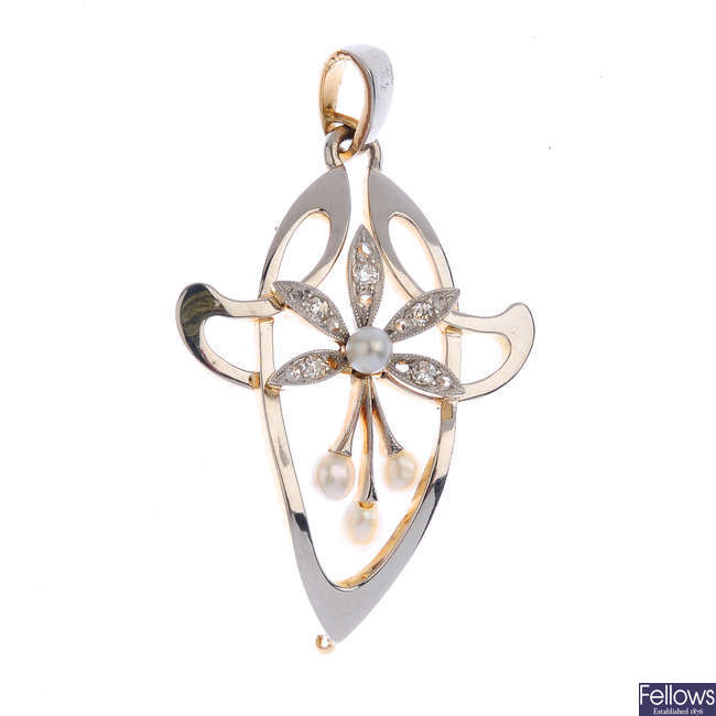 An Art Nouveau 15ct gold seed pearl and diamond pendant.