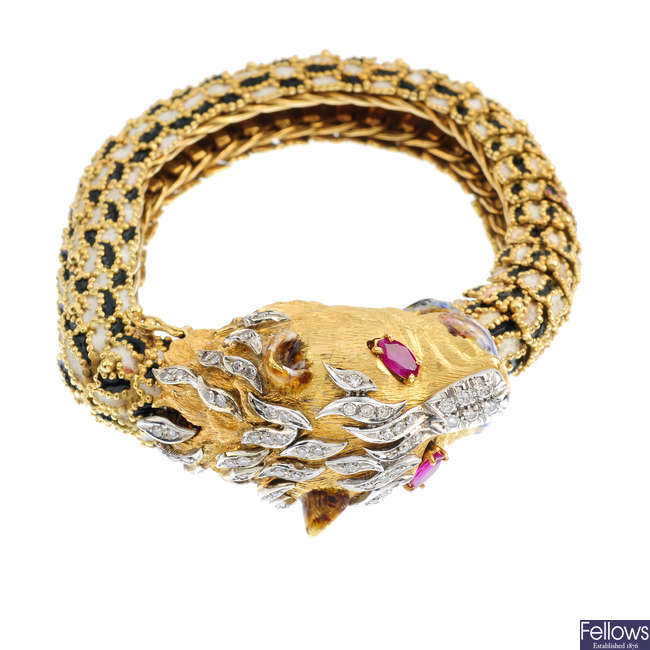 A mid 20th century diamond and enamel tiger bracelet.