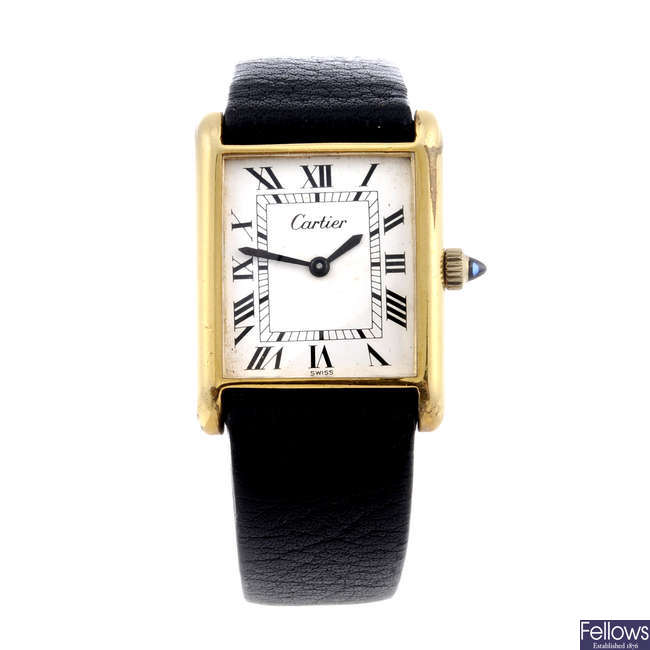 CARTIER - a gentleman's gold plated Tank wrist watch.