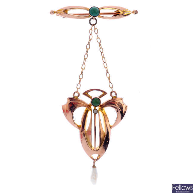 An Art Nouveau 9ct gold turquoise and freshwater pearl brooch.