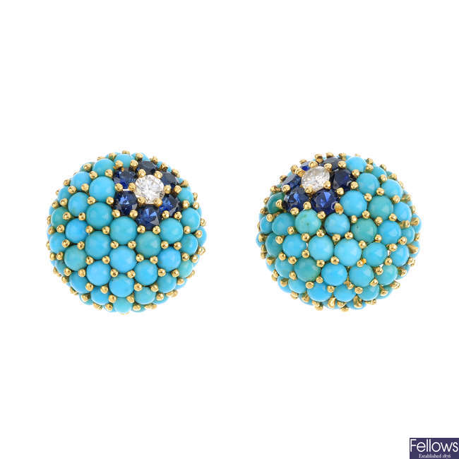 KUTCHINSKY - a pair of 1960s 18ct gold turquoise, sapphire and diamond earrings.