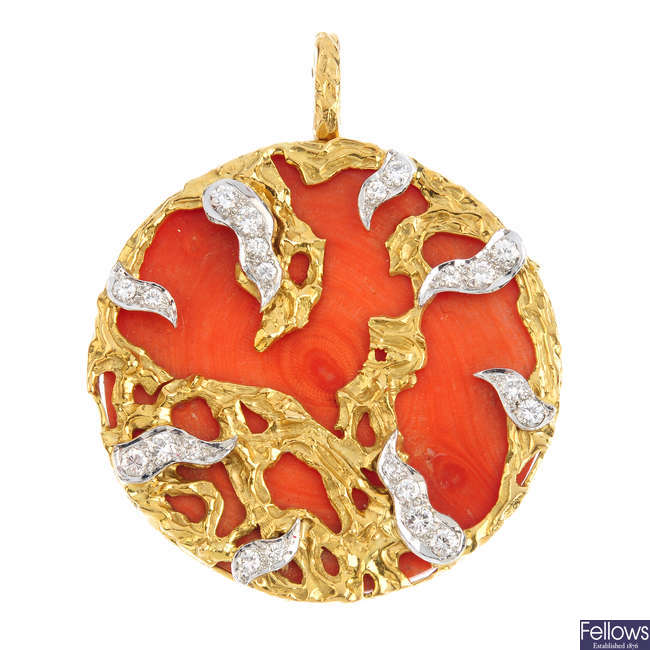 KUTCHINSKY - a 1970s 18ct gold coral and diamond pendant.
