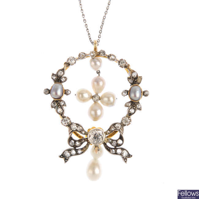 A late 19th century pearl and diamond pendant.
