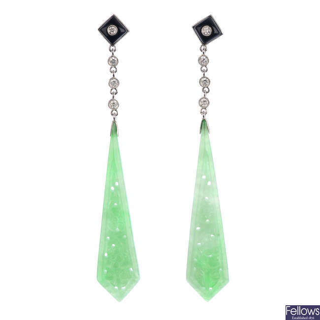 A pair of diamond and jade earrings.
